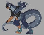  anthro claws clothing crimsoneclipse digitigrade dragon eyewear footwear glasses horn human mammal mane onom pants paws pointy_ears shirt shoes simple_background solo thick_tail torn_clothing transformation wings 