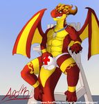  2017 anthro apollo_(wireframedragon) balls big_bulge big_tail bulge calls chair clothing digital_media_(artwork) dragon horn male mammal muscular scalie simple_background smile solo speedo summer swimsuit teeth thong whistle wings wireframedragon 
