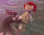  2016 alimika anthro areola batman_(series) breasts brown_fur butt cat clothed clothing collar denim_shorts digital_media_(artwork) ear_piercing feline female fur gun hair handgun harley_quinn legwear mammal nipple_piercing nipples outside piercing pistol pussy ranged_weapon red_hair roxyshadowfang saber-toothed_cat shorts smile solo standing stockings suicide_squad teeth text topless weapon 