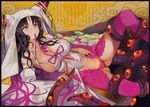  ass_visible_through_thighs banned_artist bare_shoulders black_hair breasts collarbone facial_mark fate/extra fate/extra_ccc fate/grand_order fate_(series) forehead_mark horn_ring horns large_breasts long_hair lying mouth_hold panties pinky_out sesshouin_kiara solo tattoo tentacles tetsubuta thighhighs translation_request underwear 