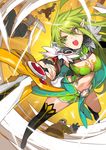  3boys breasts broken broken_sword broken_weapon cleavage cleavage_cutout elf elsword flying green_eyes green_hair highres long_hair medium_breasts multiple_boys navel night_watcher_(elsword) octoman open_mouth pointy_ears rena_(elsword) shoulder_pads sword thighhighs weapon 