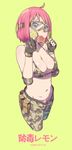  2015 absurdres ahoge artist_name bangs bare_shoulders bikini breasts buttons camouflage camouflage_bikini camouflage_gloves camouflage_pants cloba collarbone dated elbow_pads fingerless_gloves food fruit gloves goggles green_background green_eyes groin hands_up highres holding large_breasts lemon lemon_slice looking_at_viewer midriff navel open_fly original pants pink_hair short_hair simple_background solo standing stomach swimsuit unbuttoned unzipped zipper 