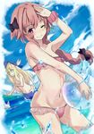  1other ;) androgynous astolfo_(fate) ball beachball bikini black_bow blonde_hair blue_sky blush bow braid chevalier_d'eon_(fate/grand_order) cloud covering covering_breasts day eyebrows_visible_through_hair fate/apocrypha fate/grand_order fate_(series) fou_(fate/grand_order) hair_bow hat highres long_hair looking_at_viewer male_focus navel o_o ocean one_eye_closed otoko_no_ko pantie_painting partially_submerged pink_bikini pink_eyes pink_hair polka_dot polka_dot_bikini sky smile swimsuit topless 
