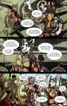  2017 angry anthro black_fur black_nose boneitis breasts canine cervine cigarette clothed clothing comic deer digital_media_(artwork) dog duo english_text eyes_closed eyewear fangs female forest fur gloves hand_on_head hi_res laugh male mammal mustelid on_top open_mouth otter partially_clothed sitting smoking tank teeth text tongue tree vehicle weapon 