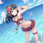  armpits bangs bikini blue_hair blush breasts dutch_angle flower hair_bun horizon kohaku_(ambermoe) lens_flare long_hair looking_at_viewer love_live! love_live!_sunshine!! medium_breasts ocean purple_eyes smile solo splashing swimsuit tsushima_yoshiko 