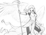  absurdres angel angel_wings arm_armor armor black_eyes boobplate breastplate feathered_wings greyscale highres holding holding_weapon huge_filesize leg_armor less long_hair looking_to_the_side magic:_the_gathering monochrome pauldrons sigarda_host_of_herons simple_background solo staff turtleneck weapon white_background wings 