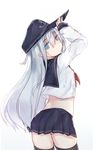  black_hat black_legwear black_skirt blue_eyes flat_cap gradient gradient_background hair_between_eyes hat hibiki_(kantai_collection) highres kantai_collection kure_(kure_ng) long_hair long_sleeves neckerchief pleated_skirt red_neckwear school_uniform serafuku silver_hair skirt solo thighhighs 