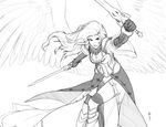  absurdres angel angel_wings armor corset dual_wielding feathered_wings flying gisela_blade_of_goldnight gloves greyscale highres holding leg_armor less long_hair looking_at_viewer magic:_the_gathering monochrome ornate_armor simple_background solo sword thighhighs weapon white_background wings 