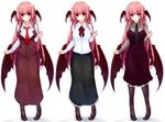  black_dress black_skirt breasts clenched_hand collared_shirt commentary_request demon_wings dress green_skirt head_wings koakuma large_breasts light_smile long_hair long_skirt long_sleeves looking_at_viewer necktie pandamonium pantyhose pout red_eyes red_hair red_neckwear shirt simple_background skirt standing touhou variations very_long_hair white_background wing_collar wings 