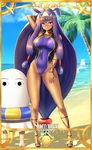  absurdly_long_hair arm_up armpits ass_visible_through_thighs beach blush breasts covered_navel dark_skin day fate/grand_order fate_(series) full_body highres long_hair looking_at_viewer low-tied_long_hair medium_breasts nitocris_(fate/grand_order) one-piece_swimsuit palm_tree purple_eyes purple_hair raised_eyebrows swimsuit thighs tree very_long_hair zukky 