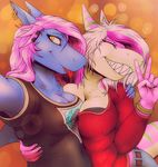  5_fingers anthro azalia b_sign breast_size_difference breast_squish breasts cleavage clothed clothing duo ear_piercing eyebrows eyelashes female female/female fish hair hi_res marine neltharion290 piercing pink_hair river_(riveer) selfie shark tongue tongue_out v_sign 
