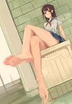  barefoot blush breasts brown_eyes brown_hair crossed_legs feet fish highres long_hair looking_at_viewer medium_breasts original pov_feet ripples rure school_uniform serafuku soles solo water 