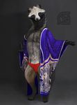 anthro at canine clothing cosmiclife female flat_chested invalid_tag japanese_clothing kimono mammal multi_nipple nipples semi-anthro simple_background solo standing tanuki viewer 