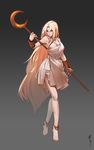  absurdres anklet arm_armor armpits barefoot black_sclera blonde_hair breasts cleavage crescent glowing glowing_eyes grey_background highres huge_filesize jewelry large_breasts legs less long_hair looking_at_viewer red_eyes red_pupils sideboob simple_background solo staff toga very_long_hair weapon 