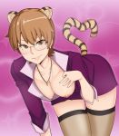  1girl alternate_costume animal_ears bent_over bespectacled breasts brown_eyes brown_hair bubble_background carnival_phantasm cat_ears cat_tail cleavage cleavage_reach commentary commission downblouse earrings english_commentary fate/stay_night fate_(series) formal fujimura_taiga glasses heart heart_tail highres jewelry kemonomimi_mode lips looking_at_viewer medium_breasts nipples no_bra one_breast_out pencil_skirt pendant pink_background semi-rimless_eyewear sheer_legwear short_hair skirt skirt_suit sleeves_pushed_up smile solo standby stud_earrings suit tail teacher thighhighs tiger_ears tiger_tail under-rim_eyewear zettai_ryouiki 