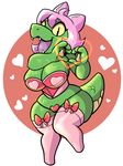  &lt;3 anaugi anthro big_breasts breasts cat cleavage clothed clothing fangs feline female green_scales hair hi_res hybrid kobold legwear lingerie mammal open_mouth pink_hair scales short_stack simple_background smile solo stockings wide_hips yellow_eyes 