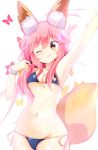  ;q animal_ears arm_up armpits bangs bikini blue_bikini breasts bug butterfly cleavage commentary_request cowboy_shot eyebrows_visible_through_hair fate_(series) fox_ears fox_tail groin hair_between_eyes highres insect massala navel one_eye_closed pink_hair side-tie_bikini small_breasts solo star stomach swimsuit tail tamamo_(fate)_(all) tamamo_no_mae_(fate) tamamo_no_mae_(swimsuit_lancer)_(fate) tongue tongue_out white_background wristband yellow_eyes 