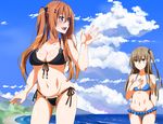  beach blush breast_envy breasts brown_hair cleavage cloud day empty_eyes girls_frontline grey_hair hand_on_own_chest long_hair medium_breasts multiple_girls navel outdoors scar siblings sisters sky small_breasts swimsuit twintails ukeuke ump45_(girls_frontline) ump9_(girls_frontline) waving 