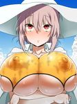  breasts chaldea_lifesavers covered_nipples fate/grand_order fate_(series) florence_nightingale_(fate/grand_order) furau hat highres huge_breasts long_hair looking_at_viewer looking_up pink_hair puffy_nipples red_eyes skindentation solo underboob wet 