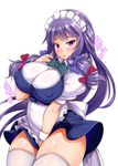  alternate_costume apron belly blue_bow bow bowtie breasts commentary covered_nipples covering covering_crotch cowboy_shot ebi_193 enmaided green_bow green_neckwear hair_bow large_breasts long_hair looking_at_viewer maid maid_headdress patchouli_knowledge plump puffy_short_sleeves puffy_sleeves purple_eyes purple_hair red_bow short_sleeves simple_background solo thick_thighs thighhighs thighs touhou very_long_hair waist_apron white_background white_legwear wing_collar wrist_cuffs 