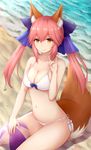  \m/ animal_ears ball bangs barefoot beach beachball bikini blue_bow bow breasts cleavage closed_mouth collarbone commentary_request day eyebrows_visible_through_hair fate/extra fate_(series) fox_ears fox_tail hair_between_eyes hair_bow highres large_breasts long_hair navel ocean outdoors pink_hair rachione seashell shell side-tie_bikini sidelocks sitting smile solo stomach swimsuit tail tamamo_(fate)_(all) tamamo_no_mae_(fate) twintails wariza white_bikini yellow_eyes 