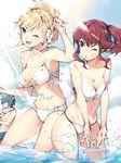  2girls ;d alfonse_(fire_emblem) anna_(fire_emblem) ass_visible_through_thighs bandeau bare_shoulders bikini blonde_hair braid breasts brown_eyes cleavage cloud cloudy_sky contrapposto crown_braid day dutch_angle fire_emblem fire_emblem_heroes flower gebyy-terar green_eyes grin hair_flower hair_ornament large_breasts medium_breasts multiple_girls o-ring o-ring_bikini o-ring_bottom one_eye_closed open_mouth outdoors red_hair sharena short_hair short_sidetail sky smile splashing standing sunlight swimsuit wading wet white_bikini 