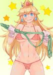  :q bare_arms bare_legs bikini blonde_hair blue_eyes breasts breasts_apart collarbone commentary_request covered_nipples cowboy_shot crown earrings gloves hands_up head_tilt holding holding_whip jewelry large_breasts licking_lips lips long_hair mario_(series) navel princess_peach smile solo standing star stomach striped striped_bikini super_mario_bros. swimsuit tongue tongue_out uniskie whip white_gloves 