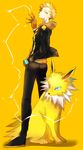  absurdres ass blonde_hair blue_eyes commentary electricity full_body gen_1_pokemon gloves hari_(maronyyy) highres hood hoodie jacket jolteon male_focus orange_gloves pokemon pokemon_(creature) pokemon_go smile spark_(pokemon) wristband yellow_background 