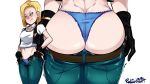  1girl 2018 :q android_18 ass ass_focus back bangle black_gloves blue_eyes blue_panties blush bracelet breasts butt_crack close-up commentary crop_top denim dragon_ball dragonball_z dressing earrings english_commentary frilled_panties frills from_behind gloves inconvenient_ass jeans jewelry medium_breasts multiple_views necklace nose_blush open_fly panties pants pearl_necklace pubic_hair pubic_hair_peek pulled_by_self radlionheart signature solo sweatdrop tongue tongue_out transparent_background tsurime undersized_clothes underwear vest 
