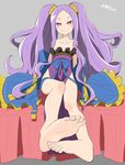  bare_shoulders barefoot bow chinese_clothes collarbone dress fate/grand_order fate_(series) feet foreshortening hanfu legs long_hair long_sleeves off_shoulder pelvic_curtain purple_dress purple_eyes purple_hair salpin sash shawl sitting smile soles solo strapless strapless_dress toes twintails very_long_hair wide_sleeves wu_zetian_(fate/grand_order) 