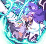  :o absurdres angry arm_warmers black_shirt boots brooch cure_fortune earrings energy full_body hair_ornament happinesscharge_precure! heart heart_hair_ornament highres hikawa_iona jersey_68 jewelry kicking lightning long_hair looking_at_viewer magical_girl open_mouth precure purple_eyes purple_hair purple_skirt shirt sidelocks skirt solo star star_earrings teeth thigh_boots thighhighs v-shaped_eyebrows white_footwear 