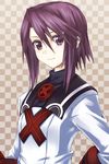  checkered checkered_background commentary_request hair_between_eyes highres long_sleeves looking_at_viewer purple_eyes purple_hair short_hair short_hair_with_long_locks sidelocks silve smile solo summon_night summon_night_2 toris turtleneck upper_body 