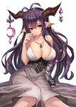  antenna_hair arm_at_side bandaged_arm bandages black_gloves black_hair blush breasts cleavage closed_mouth collarbone contrapposto corset crescent danua draph dress fingerless_gloves frown gloves granblue_fantasy grey_dress hair_between_eyes head_tilt horn_ornament horns jewelry large_breasts long_hair looking_at_viewer necklace pendant pointy_ears purple_hair raijuu_(bakanara) red_eyes single_glove sitting sleeveless sleeveless_dress solo thumb_to_mouth underbust very_long_hair 
