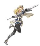  arm_guards armor armored_boots blonde_hair boots breastplate breasts cape capelet cleavage dress fire_emblem fire_emblem_echoes:_mou_hitori_no_eiyuuou fire_emblem_heroes full_body gloves grey_eyes grey_footwear helmet high_heel_boots high_heels highres holding holding_weapon jewelry knee_boots knee_pads leg_up long_hair looking_away matilda_(fire_emblem) medium_breasts necklace official_art okaya_mrh open_mouth pantyhose polearm short_dress solo spear transparent_background weapon 