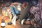  1girl all_fours artist_name ass bent_over blonde_hair blush breasts clothed_sex cum cum_in_ass doggystyle green_eyes hair_ornament large_breasts large_penis long_hair open_mouth penis pointy_ears princess_zelda sex the_legend_of_zelda the_legend_of_zelda:_breath_of_the_wild tongue tongue_out vaginal 