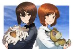  araippe boko_(girls_und_panzer) brown_eyes brown_hair commentary_request girls_und_panzer grey_shirt highres holding holding_stuffed_animal kuromorimine_school_uniform looking_at_viewer mityubi multiple_girls nishizumi_maho nishizumi_miho ooarai_school_uniform school_uniform serafuku shirt siblings sisters smile stuffed_animal stuffed_toy 