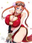  1girl blue_eyes blush breast_hold breasts bursting_breasts china_dress chinese_clothes cleavage double_bun dress erect_nipples gintama highres huge_breasts kagura_(gintama) long_hair looking_at_viewer mikanberry navel open_mouth orange_hair self_fondle solo twintails wide_hips 