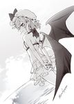  arms_behind_back bat_wings bikini_skirt bikini_top dutch_angle from_behind greyscale hat hat_ribbon looking_at_viewer mob_cap monochrome nail_polish outdoors remilia_scarlet ribbon smile solo standing touhou twitter_username wading water wings yuki_(popopo) 