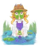  blonde_hair bogyaku_no_m brown_eyes commentary_request day dress frog hair_ribbon hands_up hat holding lily_pad long_sleeves looking_at_viewer mask moriya_suwako outdoors partially_submerged purple_dress ribbon smile standing tongue tongue_out touhou upper_body water wide_sleeves 