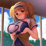 blush breast_hold breast_lift breasts cloud cloudy_sky commentary_request covered_nipples day hairband i-26_(kantai_collection) kantai_collection large_breasts light_brown_eyes light_brown_hair long_hair minami_(apricot_tea) nose_blush school_swimsuit sky solo swimsuit two-tone_hairband two_side_up upper_body wavy_mouth 