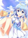  :o bare_legs barefoot bell bell_earrings bellringer_angel blue_hair blue_sky blush cloud day dress earrings hair_ornament hairclip halo holding_bell jewelry kedama_(kedama_akaza) long_hair looking_at_viewer open_mouth shadowverse sky smile solo white_dress 