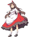  :d animal_ears blush bobby_socks breasts brooch brown_hair commentary_request dress fang full_body hasebe_yuusaku imaizumi_kagerou jewelry lifted_by_self loafers long_hair long_sleeves looking_at_viewer medium_breasts open_mouth red_eyes shoes skirt_hold smile socks solo standing tail touhou wide_sleeves wolf_ears wolf_tail 