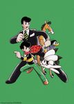  bird black_hair bokko_(wonder_three) brothers bunny clenched_hand duck formal full_body green_background horse hoshi_kouichi hoshi_shin'ichi_(wonder_three) multiple_boys necktie nokko_(wonder_three) official_art pukko_(wonder_three) red_scarf running scarf shirt siblings simple_background striped striped_neckwear striped_shirt suit tezuka_osamu_(style) tsunogai watermark wonder_three 