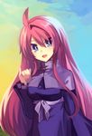  :d ahoge artina_(disgaea) blue_dress blue_eyes bright_pupils cowboy_shot disgaea dress hair_intakes lololotton long_hair looking_at_viewer makai_senki_disgaea_4 open_mouth pink_hair pinky_out shawl smile solo 