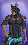  2017 5_fingers abs animal_genitalia animal_penis anthro black_fur black_nose blue_background blue_eyes blue_penis brown_fur bulge canine canine_penis cinta claws clothing dog erection eyebrows fur german_shepherd licking licking_lips looking_at_viewer male mammal markings multicolored_fur muscular penis simple_background smile solo tight_underwear tongue tongue_out underwear vein 
