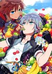  banana black_gloves blue_eyes brown_hair colorful commentary feeding food fruit gloves grapes jacket kingdom_hearts lying male_focus multiple_boys ninomoto on_back open_clothes open_jacket orange riku shirt short_hair silver_hair smile sora_(kingdom_hearts) starfruit white_shirt yaoi 