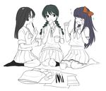  3girls ageha_(kyoukai_no_rinne) black_hair blue_eyes breasts eating eyes_closed grey_eyes hair_ornament heart kyoukai_no_rinne long_hair mamiya_sakura multiple_girls open_mouth pocky purple_hair ribbon school_uniform shima_renge skirt socks thighhighs 