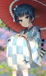  blue_hair grass kimono lomg_hair love_live!_sunshine!! parasol pink_eyes sad tsushima_yoshiko 
