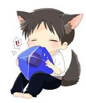  1boy animal_ears biting blush brown_hair chibi closed_eyes dog_ears dog_tail dogboy full_body ikari_shinji kururugi_shiro male_focus miniboy neon_genesis_evangelion ramiel sweatdrop tail 