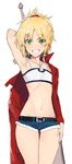  alternate_breast_size arm_at_side arm_up armpits bandeau blonde_hair braid cowboy_shot cutoffs denim denim_shorts fate/apocrypha fate_(series) flat_chest green_eyes grin hair_ornament hand_on_own_thigh jacket jewelry looking_at_viewer midriff mordred_(fate) mordred_(fate)_(all) navel necklace off_shoulder pinch_(nesume) ponytail short_hair short_shorts shorts simple_background smile solo strapless sword thigh_gap weapon white_background 